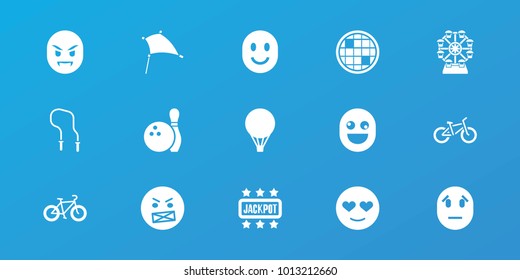 Editable 15 fun icons: emot in love, angry emot, bowling, air balloon, bicycle, kite, jackpot, skipping rope, disco ball