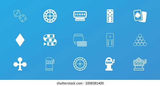 Editable 15 gambling icons: clubs, diamonds, domino, dice game, slot machine, roulette, slot machine, spades, dice, biliard triangle