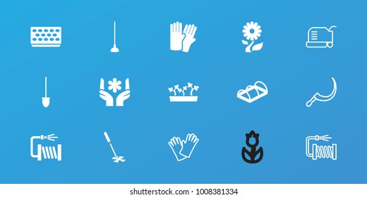 Editable 15 garden icons: glove, shovel, hoe, water hose, pot for plants, greenohuse, lawn mower, scythe, gloves, flower, gardening tool