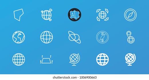Editable 15 geography icons: globe, compass, planet and satellite, pin on globe, planet