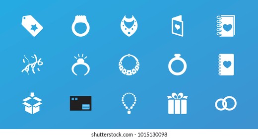 Editable 15 gift icons: ring, necklace, engagement ring, notebook with heart, present, confetti, love card, parcel, tag