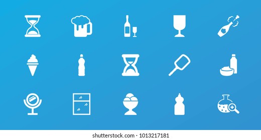 Editable 15 glass icons: mirror, hourglass, cleanser, beer mug, ice cream ball, drink and food, test tube search, champagne, wine glass and bottle, window, fragile cargo