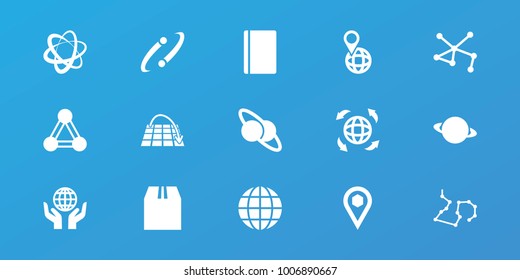 Editable 15 global icons: connection, passport, planet and satellite, planet, pin on globe, cargo container, location, globe, move on map, network connection