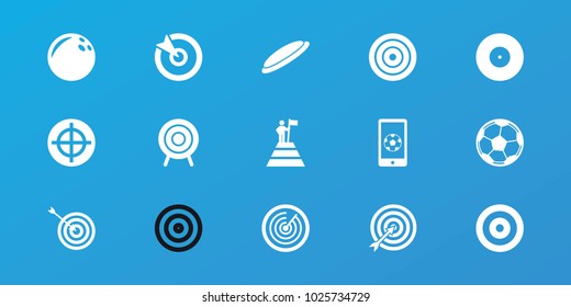Editable 15 goal icons: target, bowling ball, football on phone, fotball, man at the top of the mountain with flag