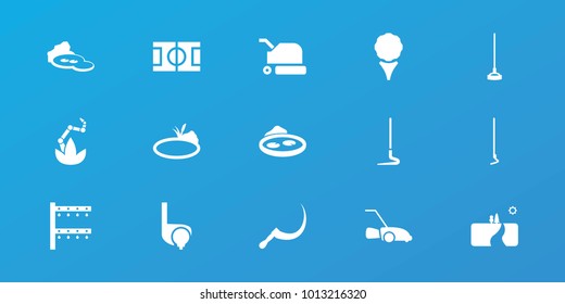 Editable 15 grass icons: golf, hoe, scythe, irrigation system, pond, lawn mower, landscape, football pitch