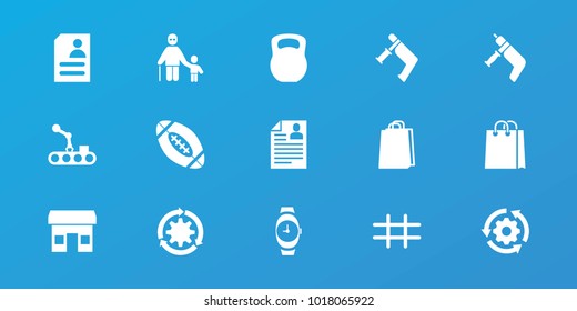 Editable 15 grey icons: shopping bag, nail gun, store, resume, gear rotate, grid, american football, conveyor and robot arm, wrist watch, kettle bell