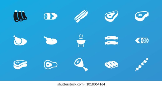 Editable 15 grilled icons: beef, sausage, barbeque, chicken, bacon