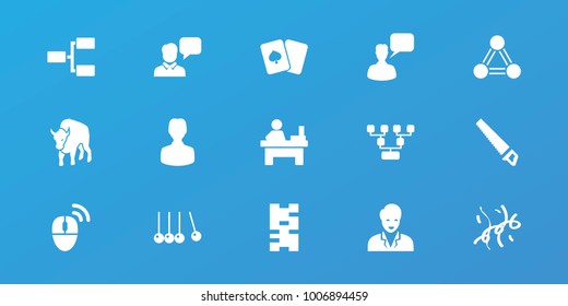 Editable 15 group icons: chatting man, table, cradle, domino, family structure, user, structure, confetti, computer mouse, connection, buffalo, saw, playing card