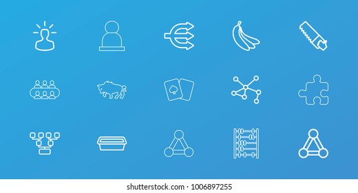 Editable 15 group icons: connection, saw, family structure, pot for plants, structure, user bulb, banana, buffalo, group, puzzle, abacus, playing card