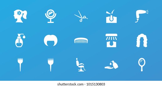 Editable 15 hair icons: mirror, barber brush, woman hairstyle, hairstyle, woman face with flower in hair, hair dryer, liquid soap, soap, comb