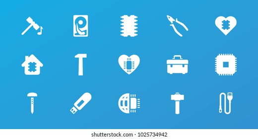 Editable 15 hardware icons: hammer, toolbox, pliers, cpu, cpu in house, wire, hummer, hard disc, nail, garden hammer