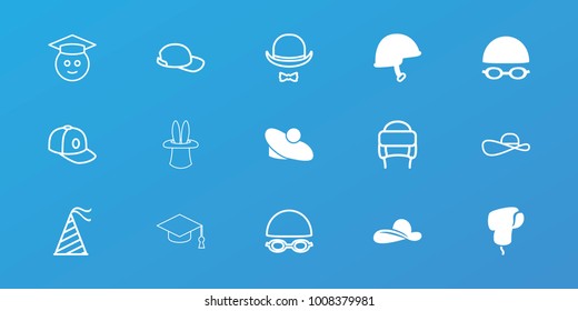 Editable 15 hat icons: helmet, swimming hat and glasses, baseball cap, graduate emoji