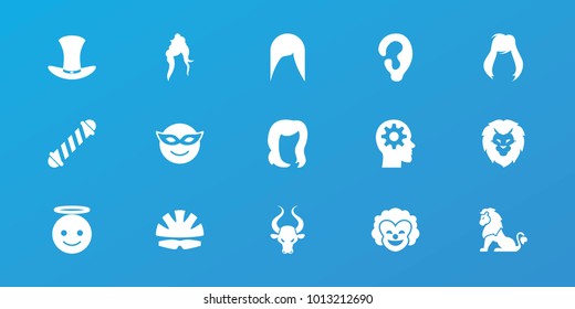 Editable 15 head icons: ear, hair curler, woman hairstyle, hairstyle, emoji in mask, emoji angel, hat, helmet, lion, bull, clown