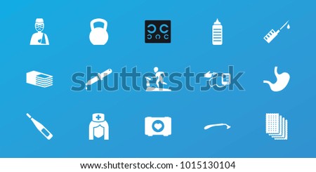 Editable 15 health icons: razor, kettle bell, fitness bottle, case with heart, bandage, man with broken arm, stomach, blood pressure, treadmill, nurse, pipette, eye test