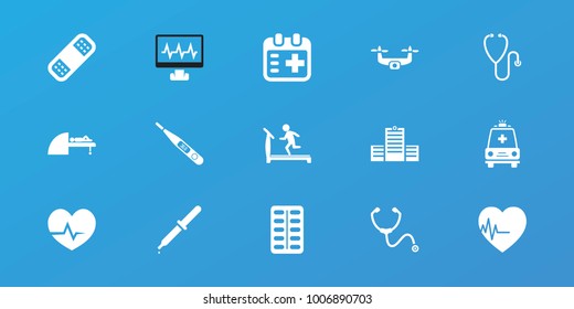 Editable 15 healthcare icons: treadmill, bandage, ambulance, heartbeat, mri, stethoscope, medical appointment, thermometer, hospital, pipette, pill