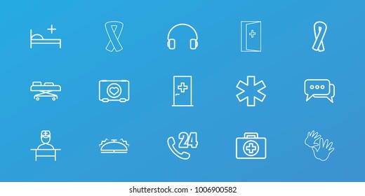 Editable 15 help icons: aid post, ribbon, 24 hours support, first aid, case with heart, medical sign, headset, doctor, medical bed, hospital stretch, bell, chat