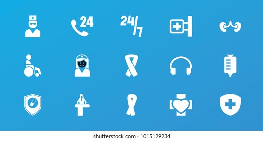 Editable 15 help icons: airport desk, ribbon, 24 hours support, medical cross, drop counter, kidney, headset, health insurance, disabled, medical sign, doctor, nurse