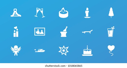 Editable 15 holiday icons: cake with one candle, boat, family photo, wine glass, fireworks, champagne, candle, waterslide, cocktail, sunbed, pine-tree, heart baloons, angel