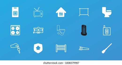 Editable 15 home icons: mop, cooker, toilet, family home, home security, door bell, baby bed, hanger, trailer, saw, hand with key, intercom, business center building