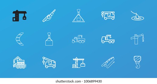 Editable 15 hook icons: construction crane, truck with hook, fishing rod, cargo crane, fishing
