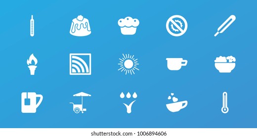 Editable 15 hot icons: fast food cart, pie, sun, themometer, cup with heart, tea cup, thermometer, wi-fi, food, watering system, torch, pot