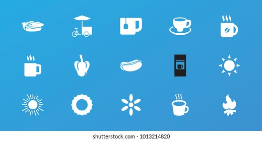 Editable 15 hot icons: sun, pepper, coffee, hot dog, coffee cup, pie, cup, mug, vending machine, bonfire, fast food cart