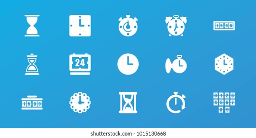 Editable 15 hour icons: hourglass, wall clock, stopwatch, digital clock, clock