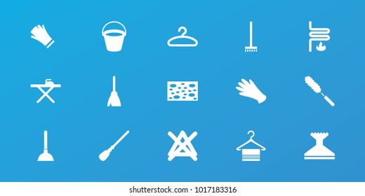 Editable 15 household icons: bucket, gloves, plunger, broom, mop, sponge, window squeegee, ironing table, no bleaching, hanger, heating system