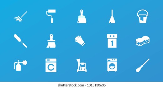 Editable 15 housework icons: washing machine, cleaning tools, broom, mop, sponge, brush, roller, washing machine on sale, gloves, bucket, dust brush