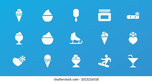 Editable 15 ice icons: ice cream on stick, milkshake, heart frozen, snowboard, cocktail