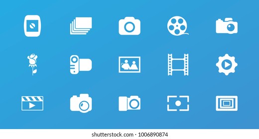 Editable 15 icons: camera tape, family photo, camera, play in gear, photo, photos, clapper board, movie tape