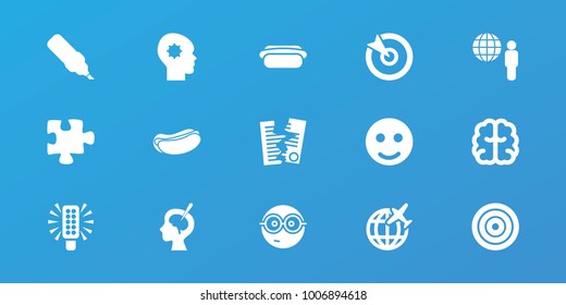 Editable 15 idea icons: brain, puzzle, smile, pen, nerd emoji, hot dog, globe and man, target, brain surgery, plane, gear in head, paper