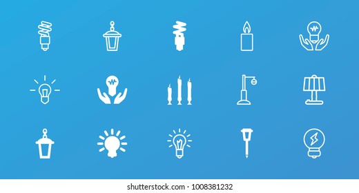 Editable 15 illumination icons: street lamp, bulb in hand, candle, fluorescent lamp, bulb, table lamp