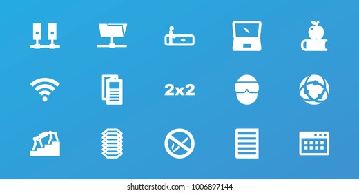 Editable 15 information icons: escalator, news, blackboard, apple on book, stairs, document, network connection, server, folder, browser window, laptop, wi-fi