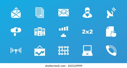 Editable 15 information icons: signal, blackboard, laptop, love letter, call, censored woman, download cloud, server, satellite, electric circuit, graph, paper and apple