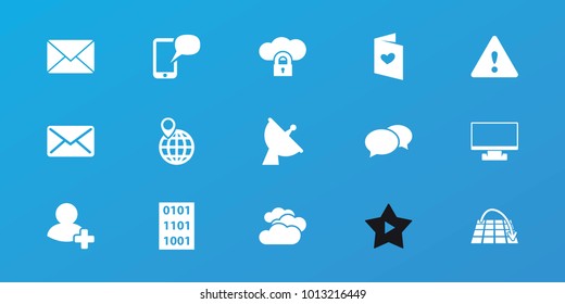 Editable 15 internet icons: cloudy weather, chat, love letter, move on map, satellite, add friend, cloud protection, mail, warning, message on phone, binary code, pin on globe