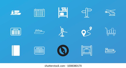 Editable 15 journey icons: passport, distance, helicopter, arrival table, luggage storage, ship, direction, luggage