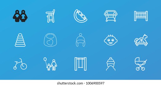 Editable 15 kid icons: baby, baby stroller, pyramid, child bicycle, playpen, father and son, toy horse, swing