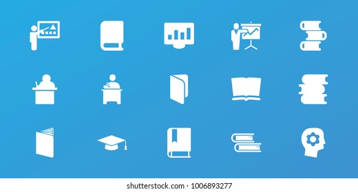 Editable 15 learning icons: book, teacher, gear in head, chart on display