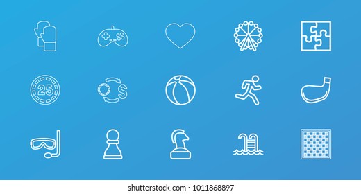 Editable 15 leisure icons: ferris wheel, chess horse, running man, swimming pool, chess pawn, golf stick, puzzle, beach ball, aqualung, hearts, casino chip and money