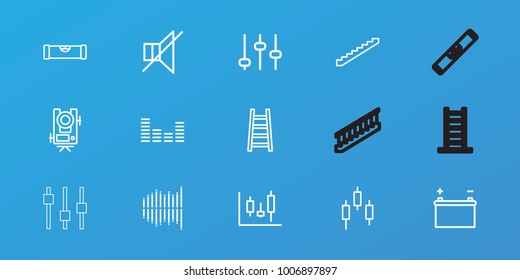 Editable 15 level icons: stairs, level ruler, level equipment, adjust, panel control, control panel, ladder, no sound, equalizer