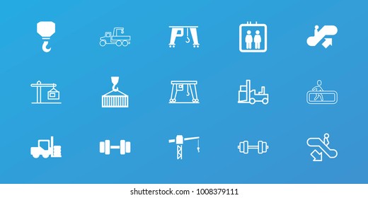 Editable 15 lift icons: elevator, escalator up, forklift, construction crane, hook, cargo on hook, escalator down, barbell, cargo crane, construction  crane, escalator