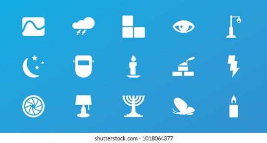 Editable 15 light icons: thunder, butterfly, brick wall, welder mask, table lamp, street lamp, electricity, moon and stars, camera shutter, candle, menorah, flash