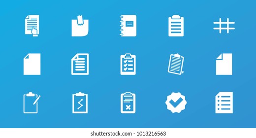 Editable 15 list icons: tick, check list, paper, clipboard with chart, clipboard, glued note, grid, pointing on document