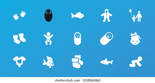 Editable 15 little icons: fish, baby socks, baby food, father and son