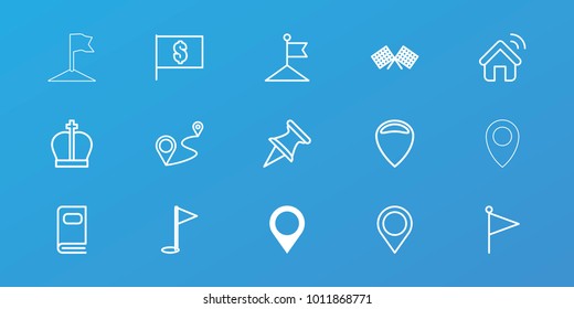 Editable 15 location icons: map location, flag, flag with dollar, location, distance, pin, photo album, crown