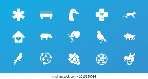 Editable 15 logo icons: dove, goose, hippopotamus, grape, disco ball, pharmacy, bench, love home, harvest, panther, buffalo, sparrow, elephant