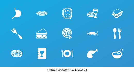 Editable 15 lunch icons: plate fork and spoon, porridge, sandwich, pizza, pasta and wine glass, stomach, menu, restaurant table, spoon and fork, meat leg