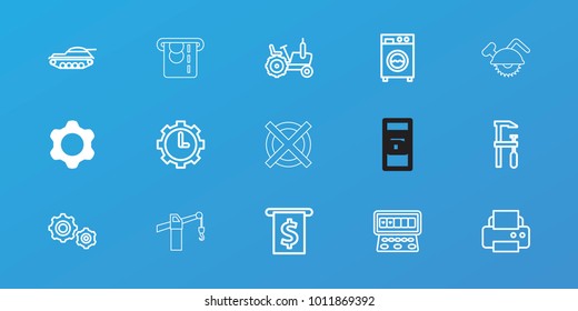 Editable 15 Machine Icons: Gear, Tractor, Slot Machine, Printer, Chainsaw, Money In Atm, Clock In Gear, Gear    Sign Symb, Tank, Atm Money Withdraw, No Dry Cleaning