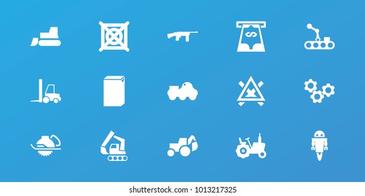 Editable 15 machine icons: tractor, washing machine, no dry cleaning, excavator, electric saw, gear, conveyor and robot arm, robot, submachine gun, atm money withdraw